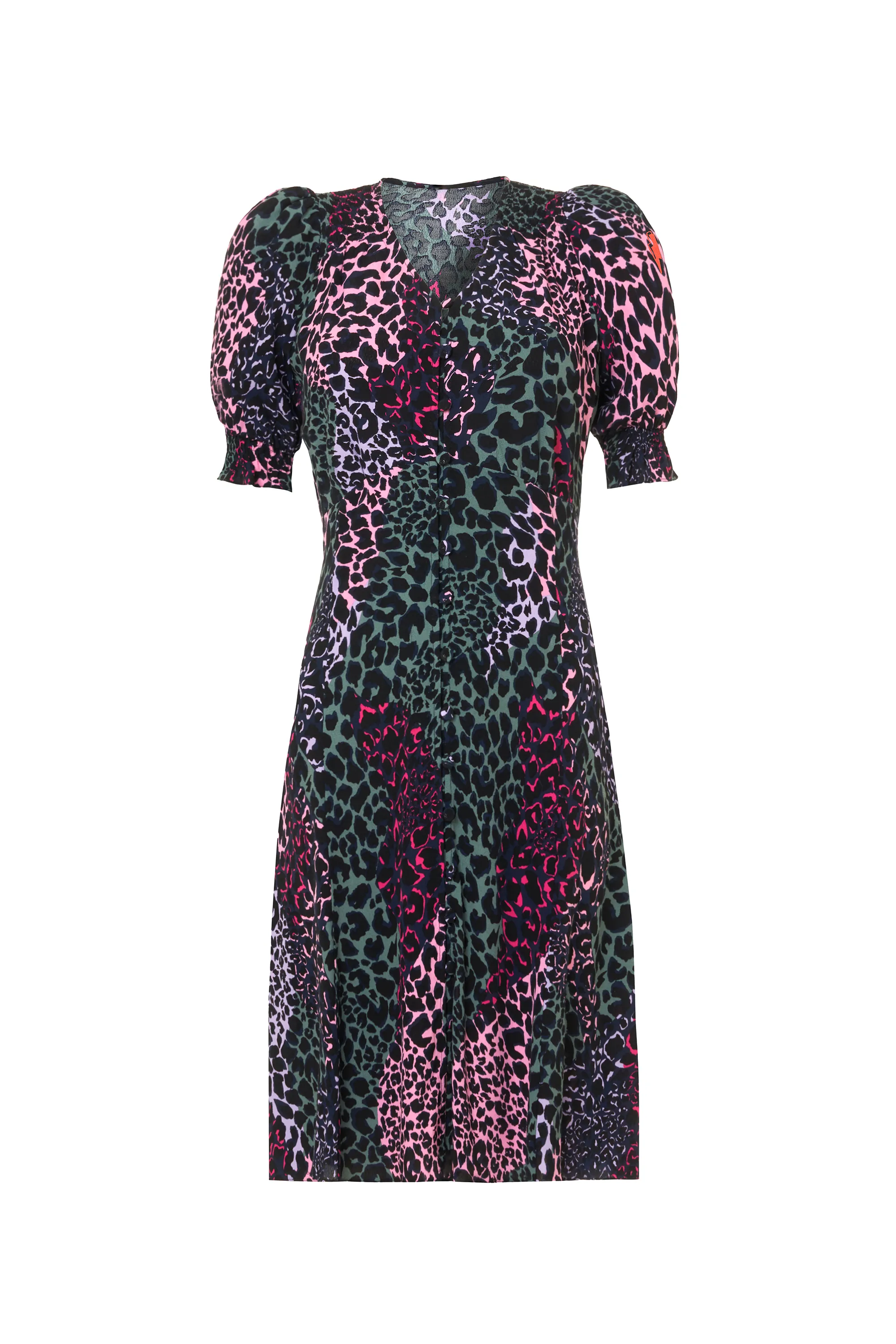 Khaki with Pink Spliced Leopard Short Tea Dress Statement-Piece