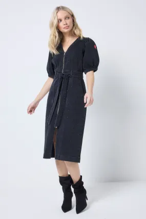 Washed Black Embellished Zip Detail Denim Dress AntiFrayEdging Sweetheart Cut