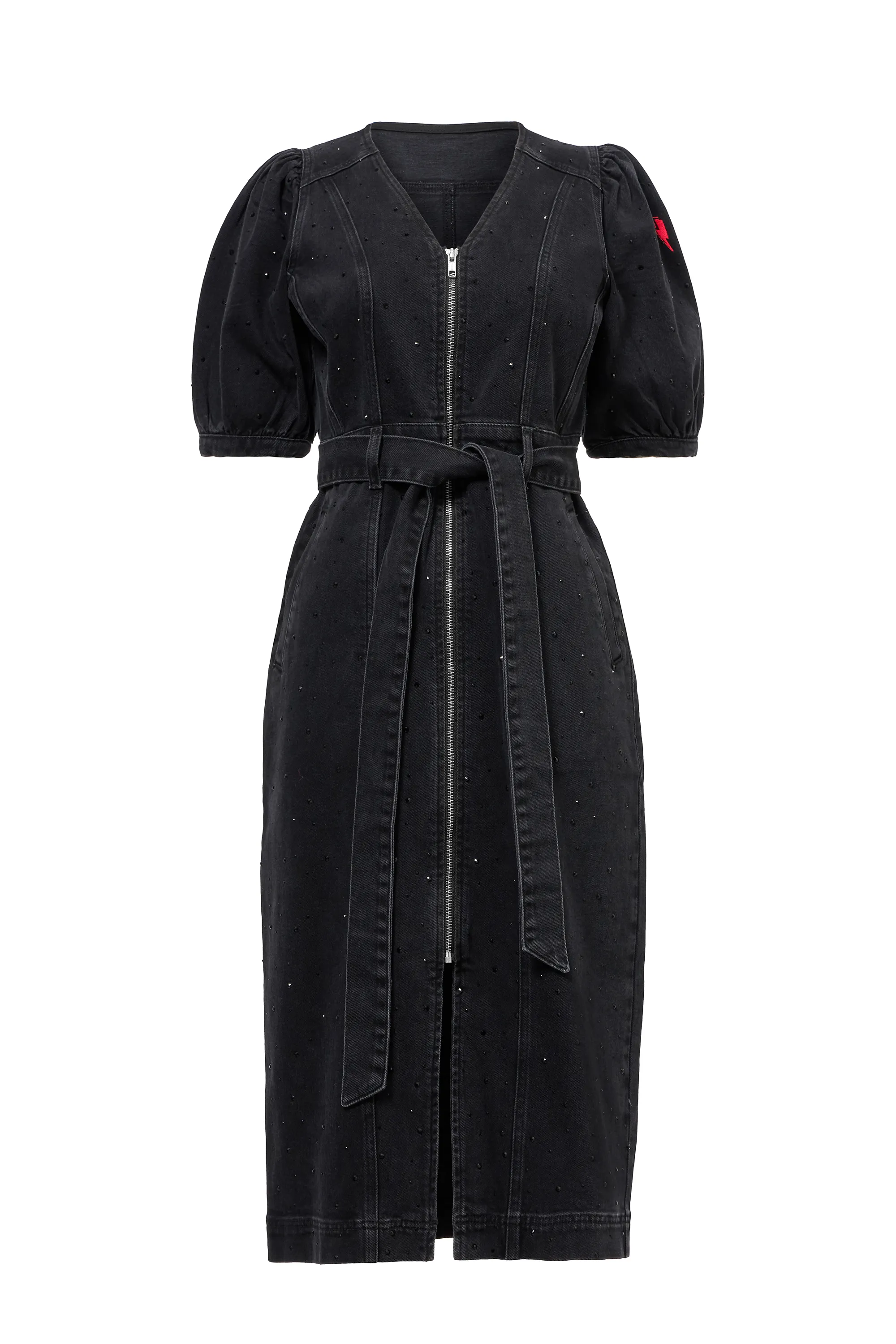 Luxe Appeal Washed Black Embellished Zip Detail Denim Dress