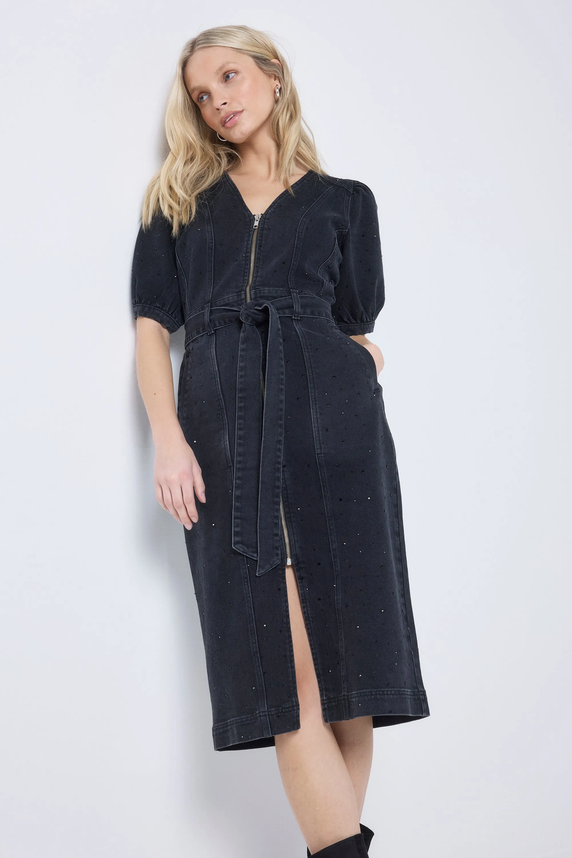 Minimalist Design Light Bow Washed Black Embellished Zip Detail Denim Dress