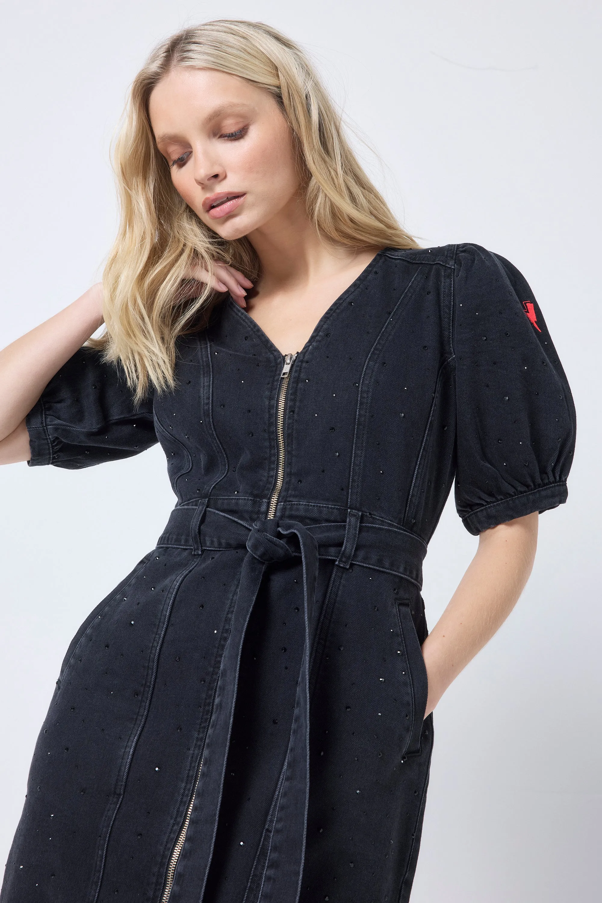 Washed Black Embellished Zip Detail Denim Dress ReinforcedHem Fall Tone