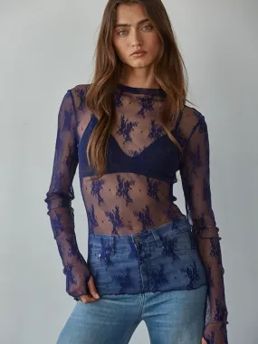 KNIT JACQUARD LACE LONG SLEEVE TOP - NAVY Garment Washed Athletic Look