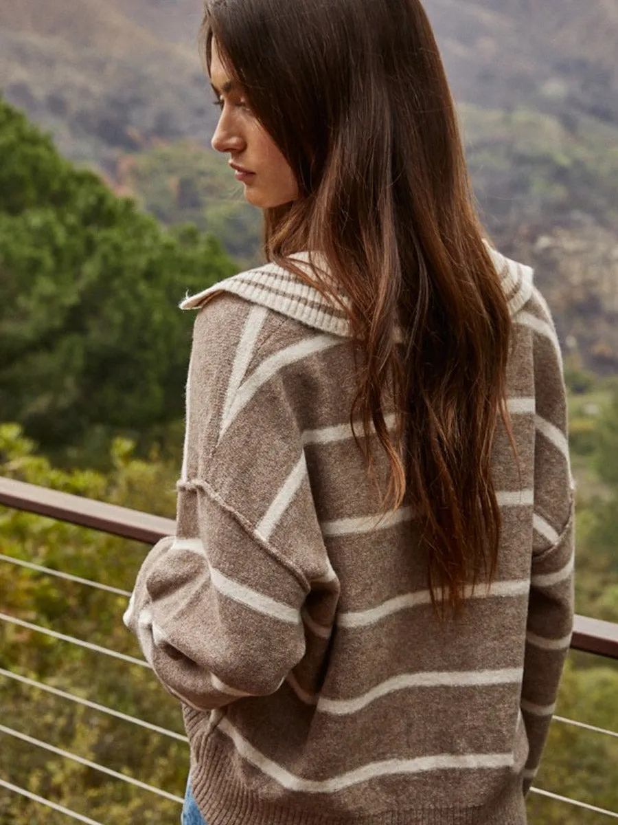 KNIT STRIPED SWEATER WITH V-NECK COLLAR - MOCHA/OATMEAL UV Protection casual top