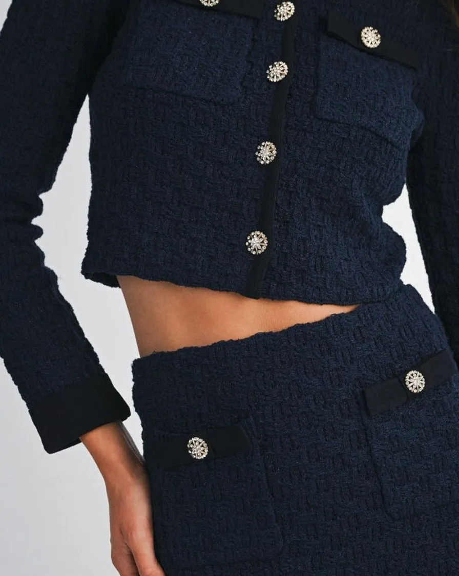 KNITTED CROPPED CARDIGAN - NAVY LayeredStyling Grid Texture Fabric