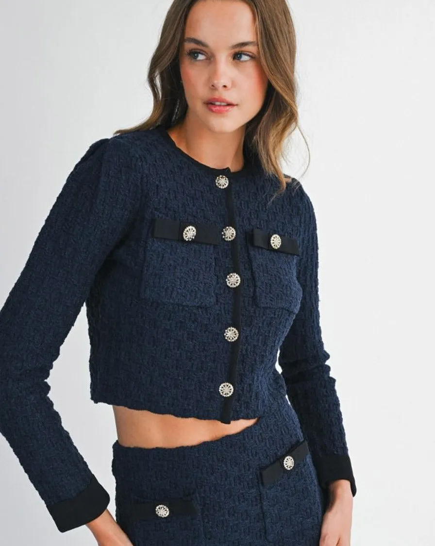 KNITTED CROPPED CARDIGAN - NAVY Sweat Absorbent Inner Layer