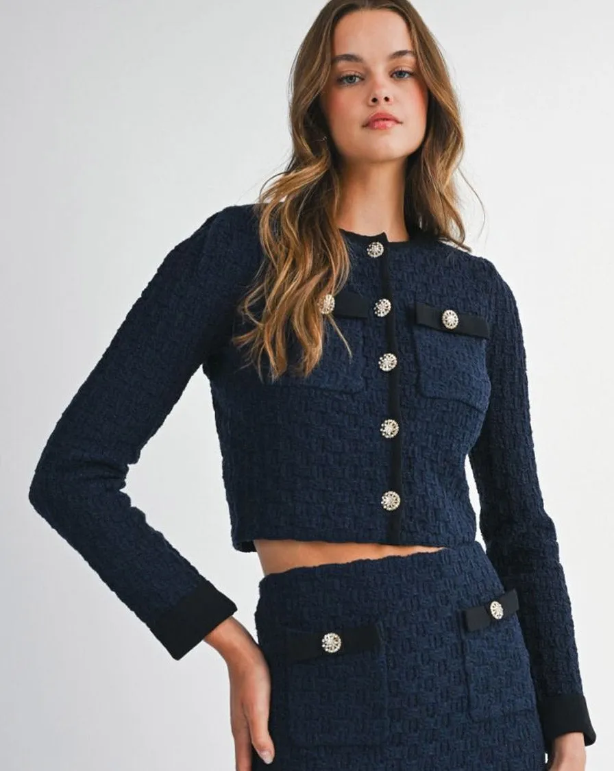 KNITTED CROPPED CARDIGAN - NAVY ThermalRegulating Fabric