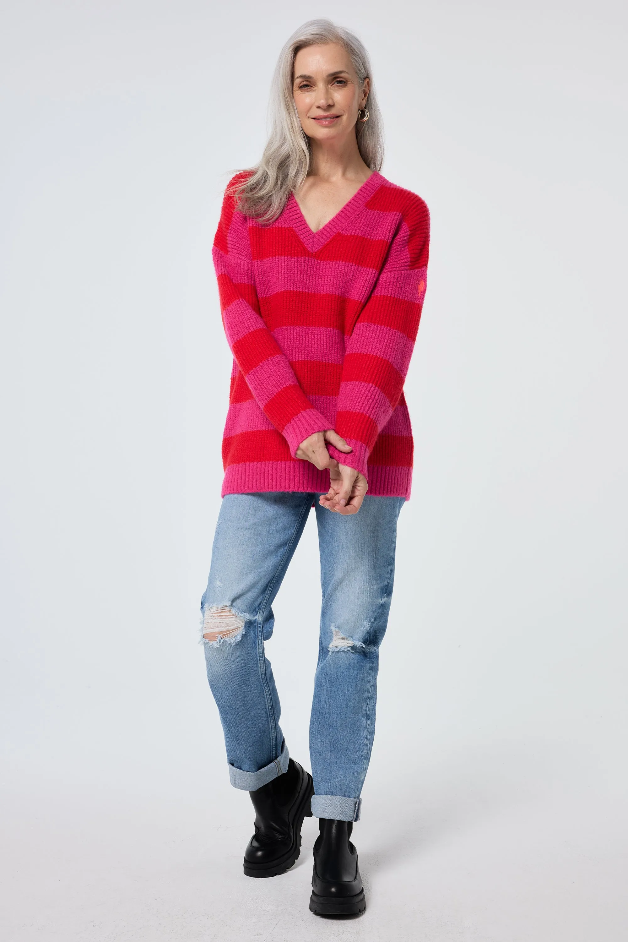 Pink and Red Stripe V Neck Knit Jumper Airy Piece
