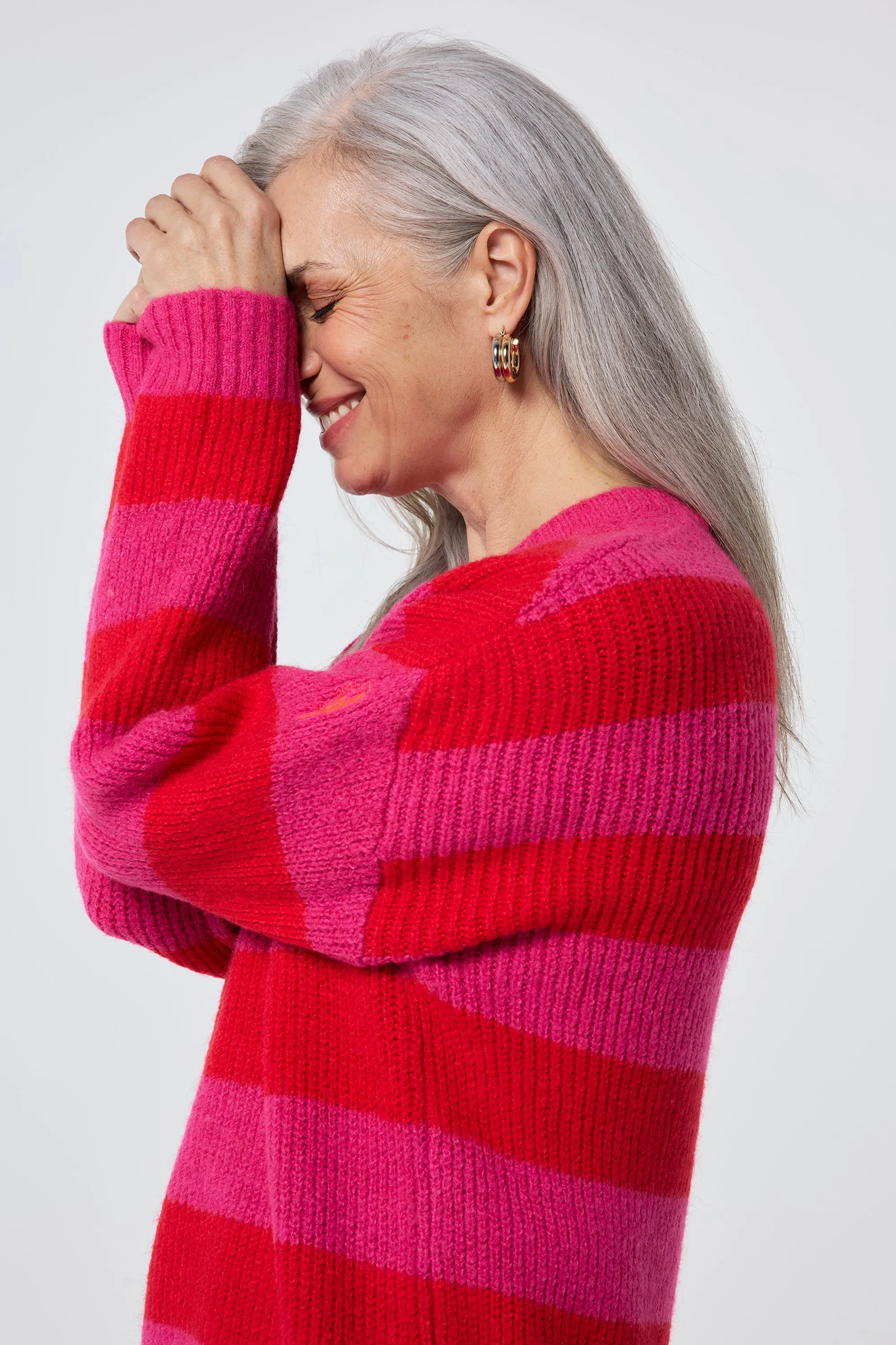 Modern Layer Pink and Red Stripe V Neck Knit Jumper