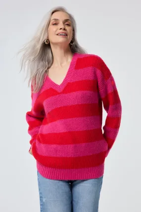 Hooded Knit Variation Relaxed Comforted Pink and Red Stripe V Neck Knit Jumper