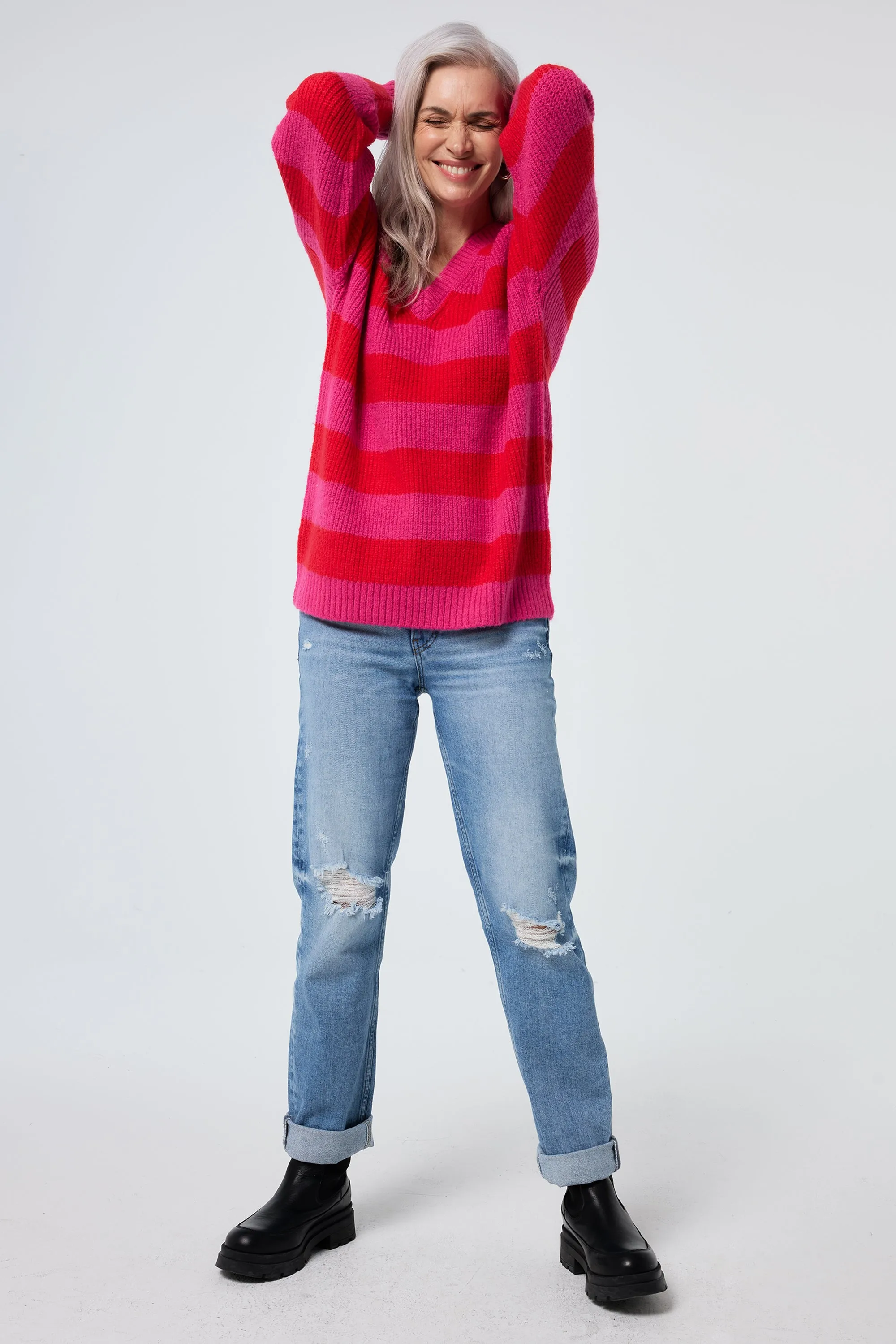 Pink and Red Stripe V Neck Knit Jumper GarmentDyed Effect