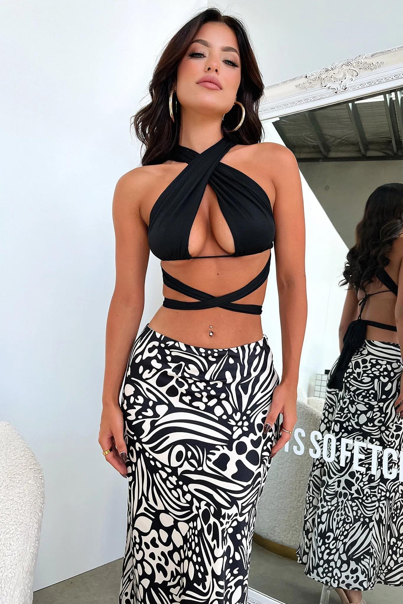 Santorini Maxi Skirt - Black / White Print Non Restrictive Fit
