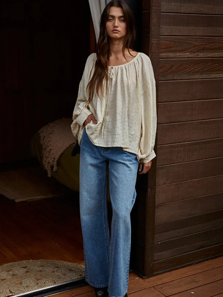 Garment Washed WOVEN RAYON TENCEL SCOOP NECK BLOUSE - NATURAL