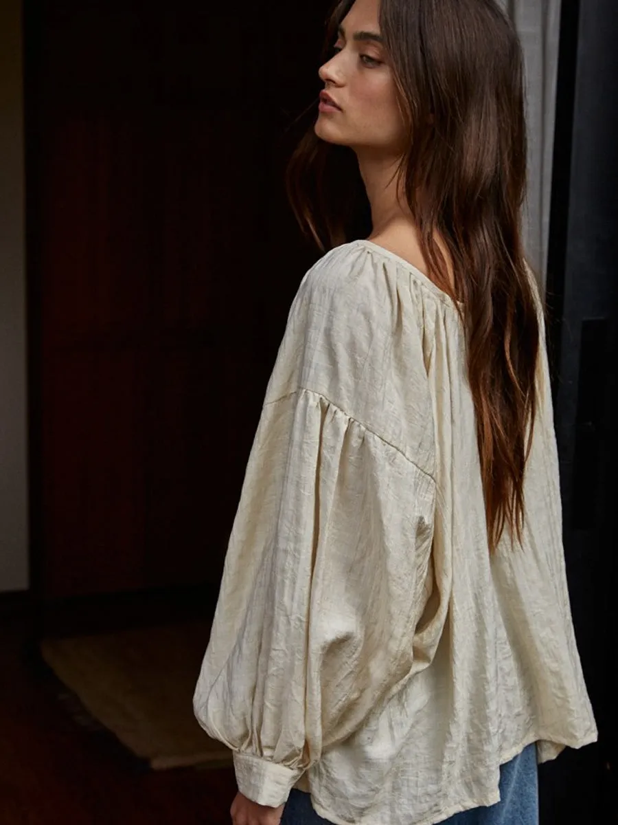 HeavyweightThermal TaglessCollars WOVEN RAYON TENCEL SCOOP NECK BLOUSE - NATURAL