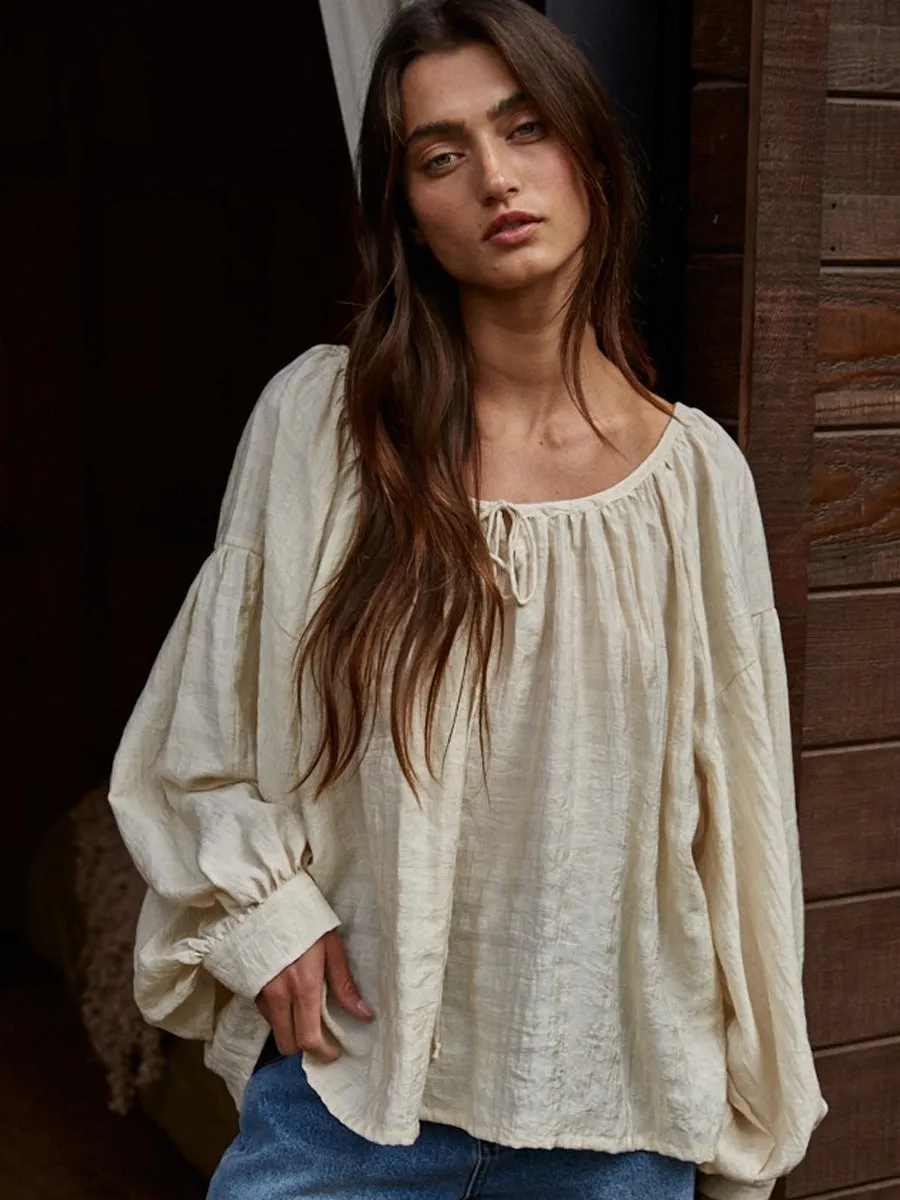 WOVEN RAYON TENCEL SCOOP NECK BLOUSE - NATURAL Wrinkle Resistant Weave RecycledBlend