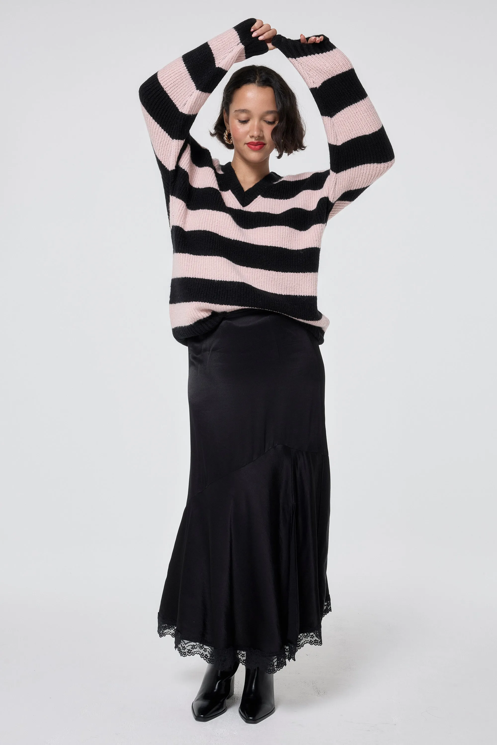 Black and Blush Pink Stripe V Neck Knit Jumper Cold Warmth Soft Ribbed Texture