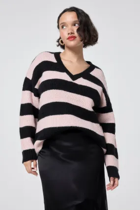 Black and Blush Pink Stripe V Neck Knit Jumper Easy Layering Reinforced Stress Points