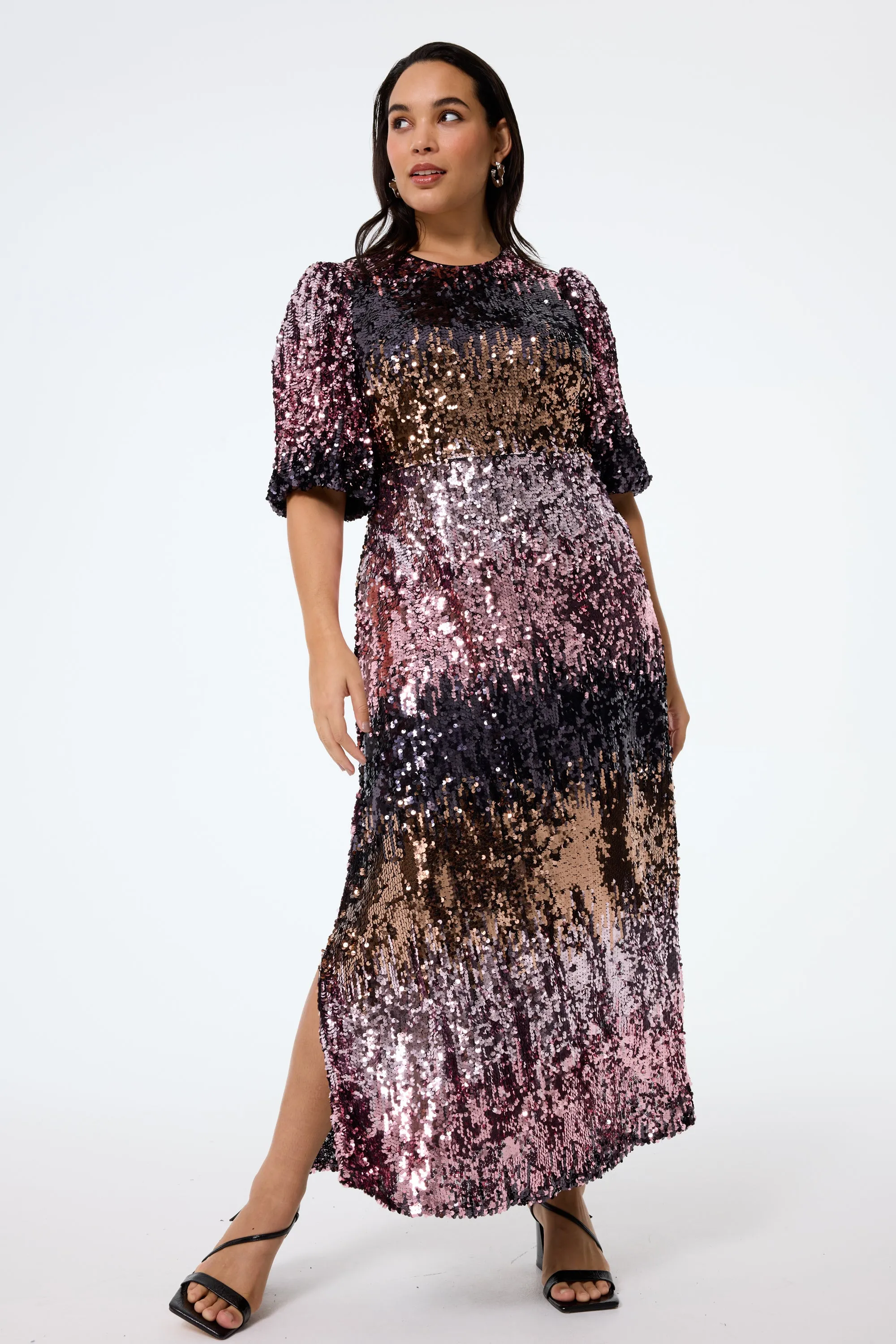 Pink Ombre Sequin Puff Sleeve Midi Dress museum visit