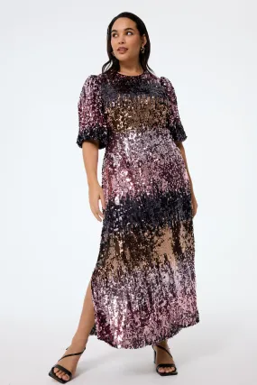 Pink Ombre Sequin Puff Sleeve Midi Dress museum visit