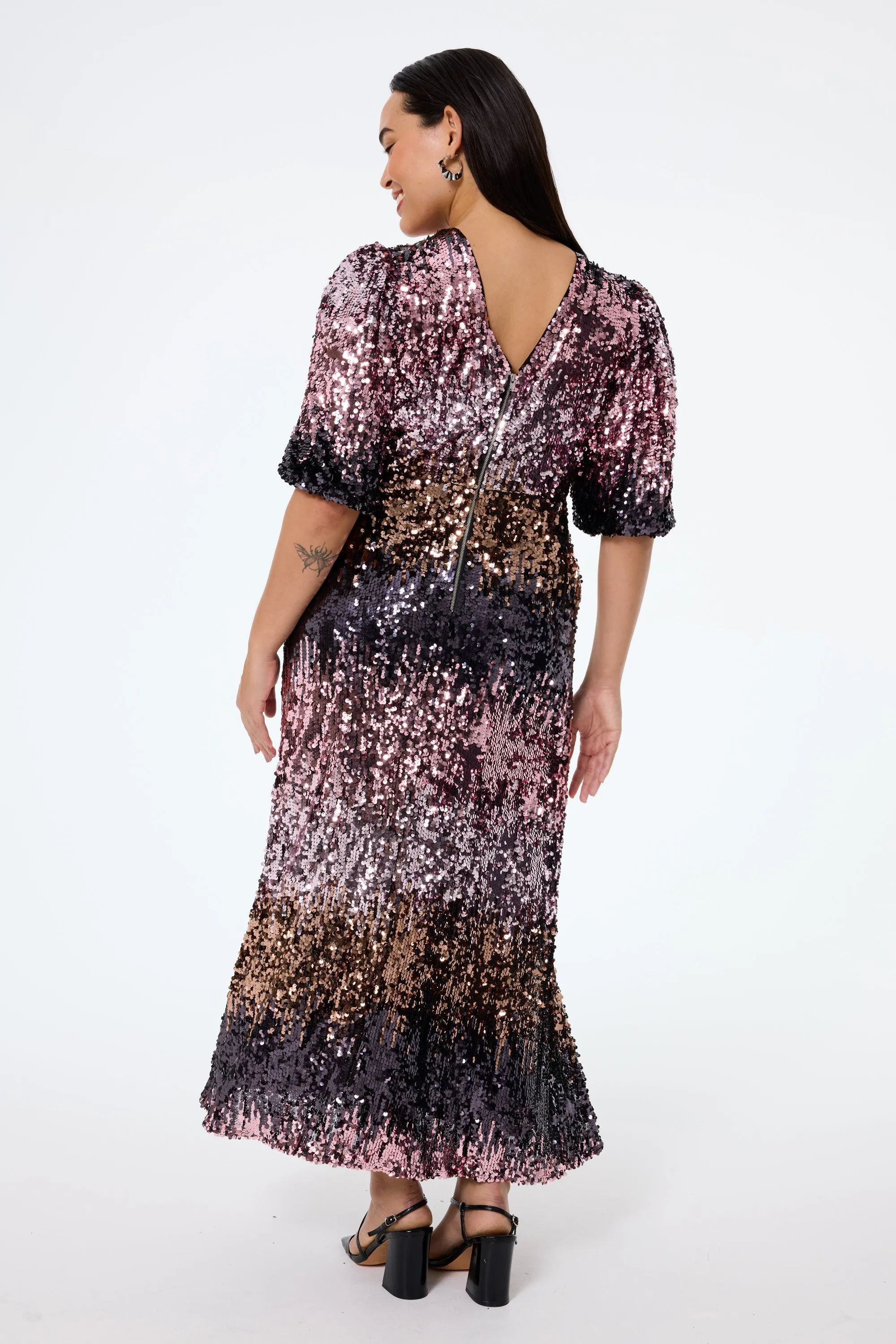 Pink Ombre Sequin Puff Sleeve Midi Dress Light Finish