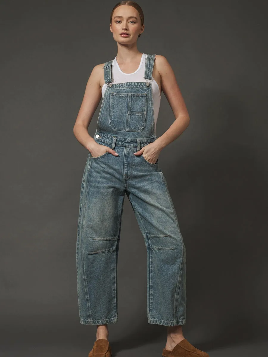 DoubleLayeredHem Reflective accents BARREL LEG RELAX FIT OVERALLS - DENIM