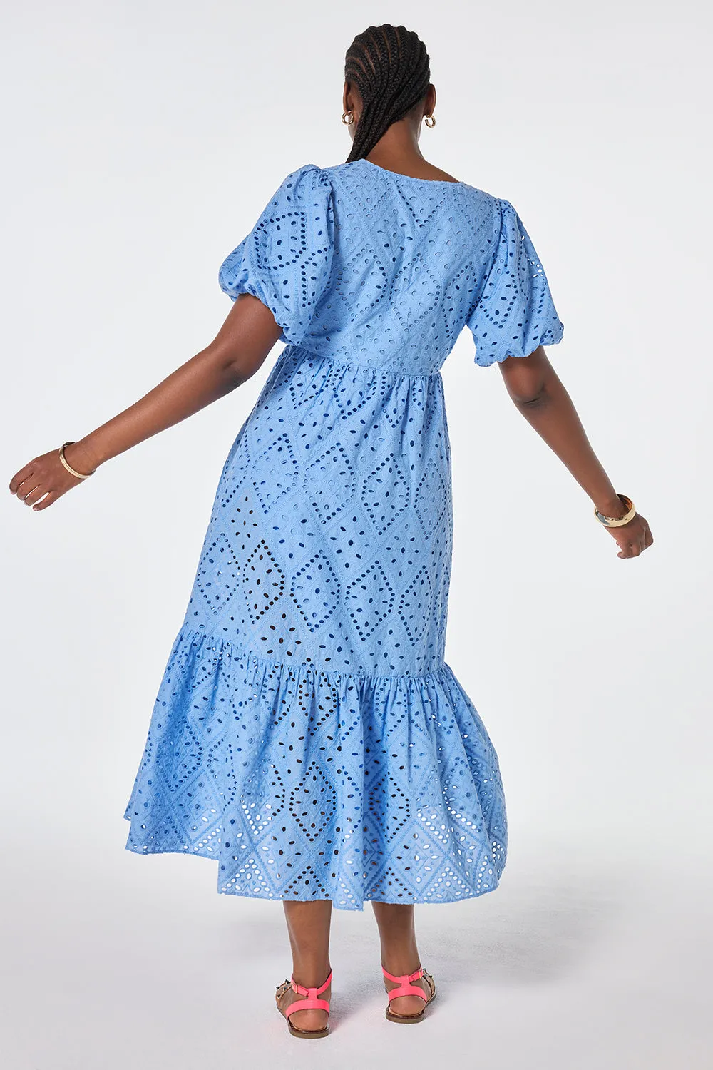 Boxy-Style Light Blue Broderie Anglaise Puff Sleeve Midi Dress