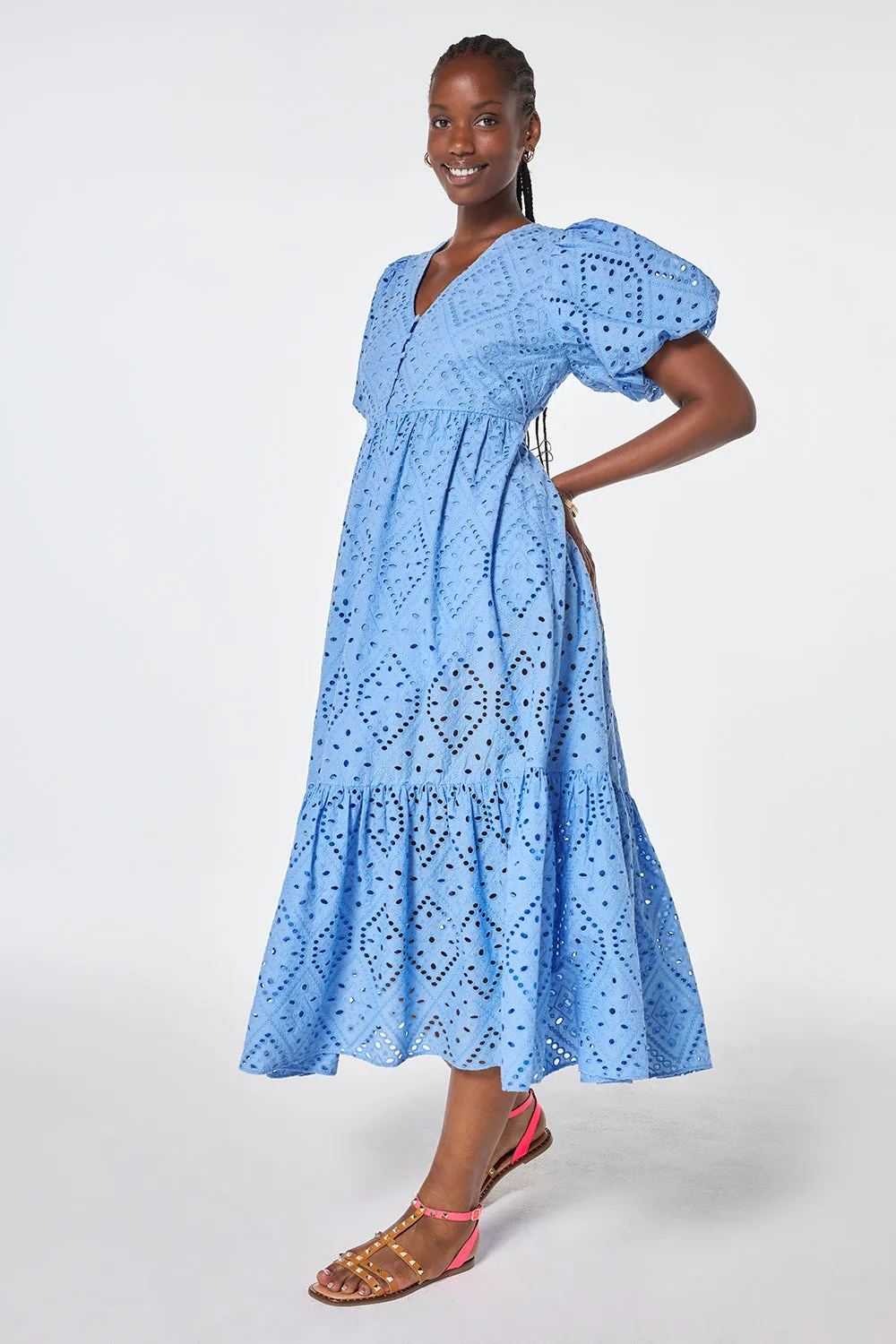 Light Blue Broderie Anglaise Puff Sleeve Midi Dress Holiday Wear Effortless Fit Design