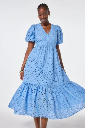Light Blue Broderie Anglaise Puff Sleeve Midi Dress Smooth Feel