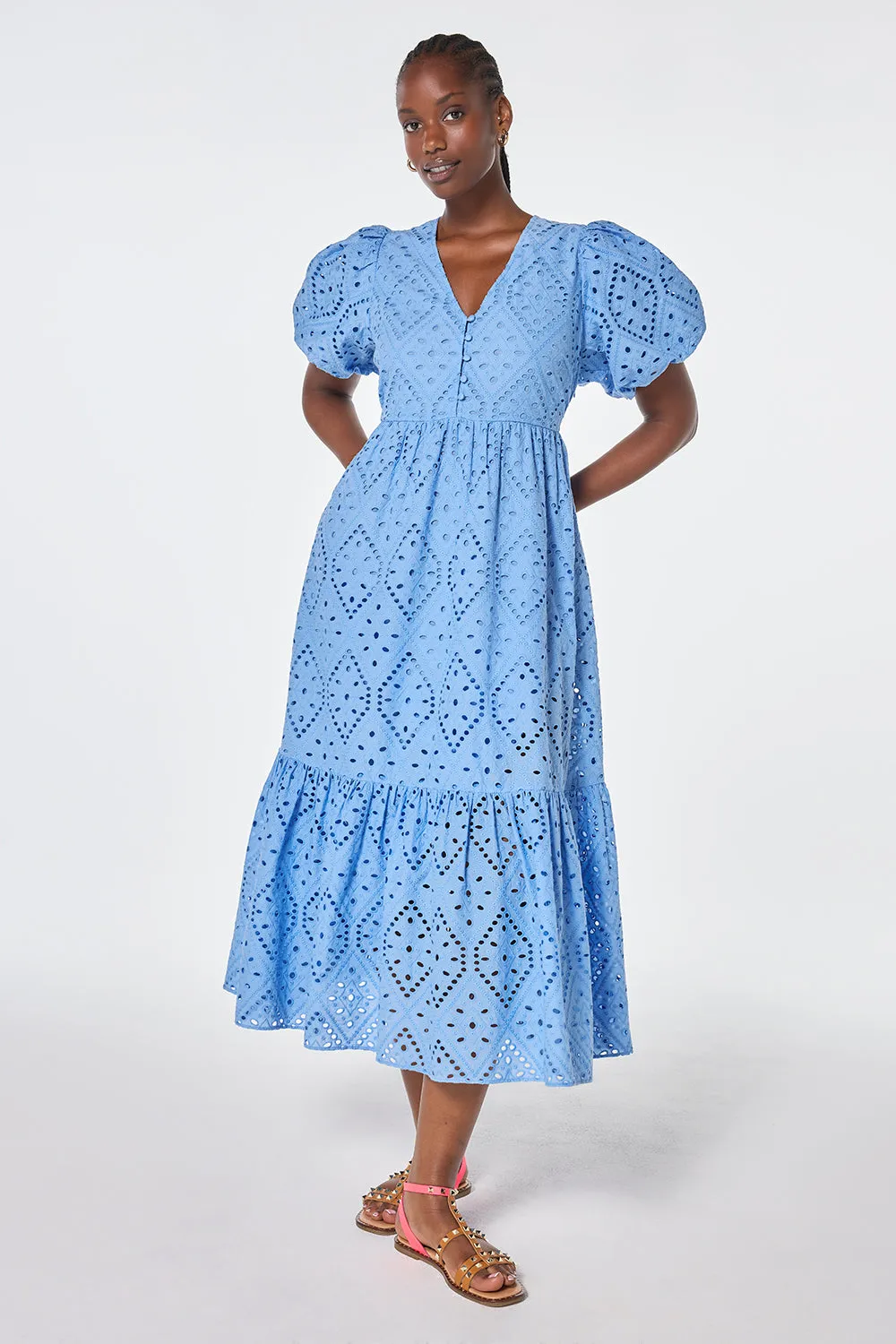 Light Blue Broderie Anglaise Puff Sleeve Midi Dress Chic Energy Event Mood
