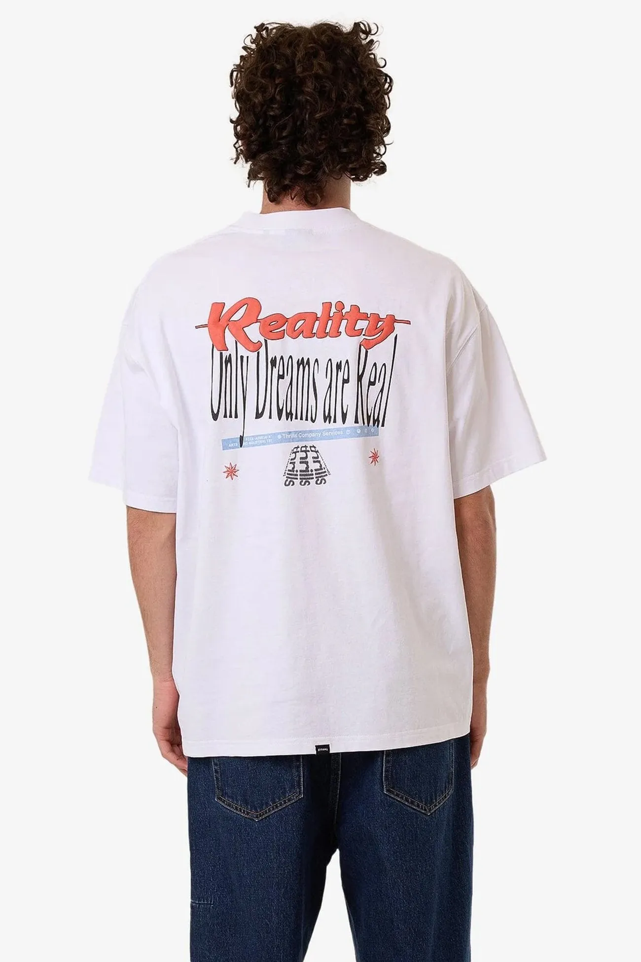 Dream Reality Box Fit Oversize Tee White V Neck Design Flatlock Seam Design