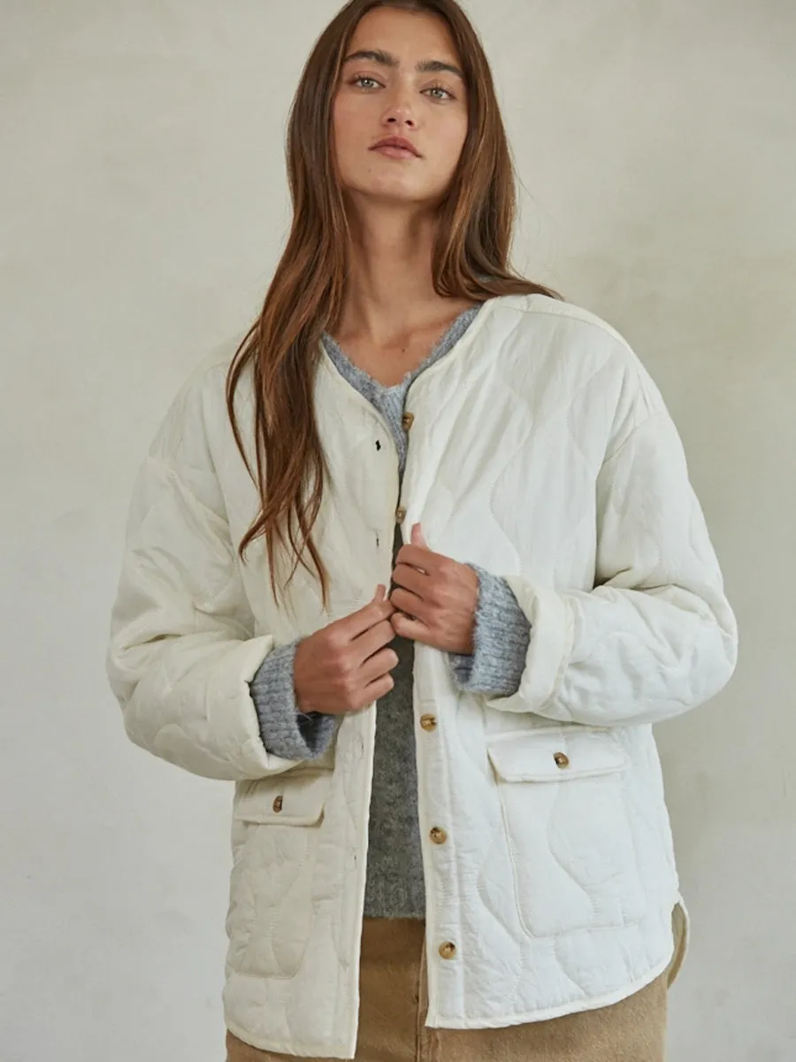 QUILTED BUTTON DOWN JACKET - IVORY Reinforced Elbow Panels Relaxed Fit Structure