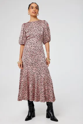 Edgy Twist Seasonal Comfort Pink and Gold Foil Spot Cheetah Puff Sleeve Midi Dress