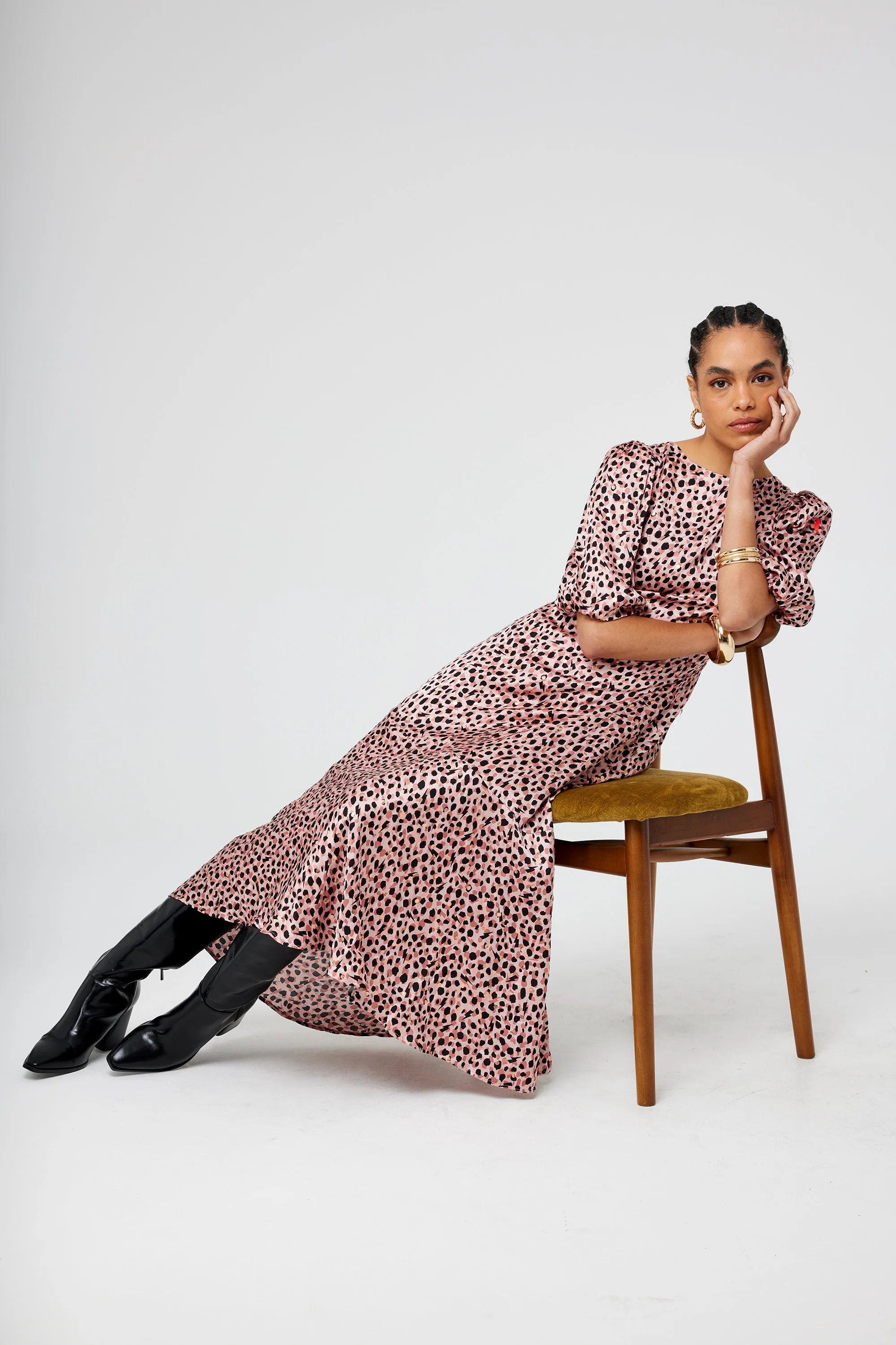 Pleated-Skirt Travel Fit Pink and Gold Foil Spot Cheetah Puff Sleeve Midi Dress