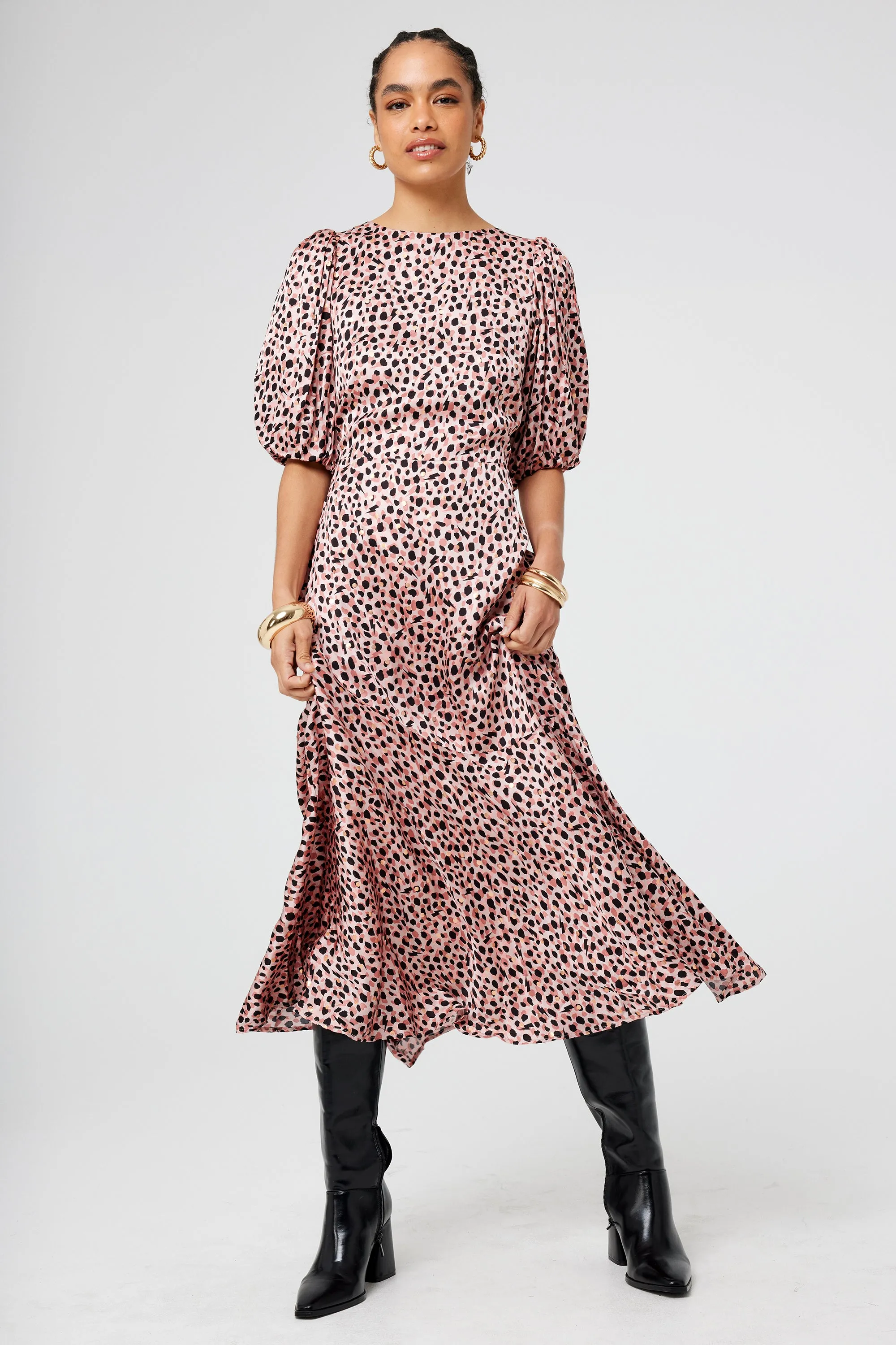 Unlined Look Classic Cut Pink and Gold Foil Spot Cheetah Puff Sleeve Midi Dress
