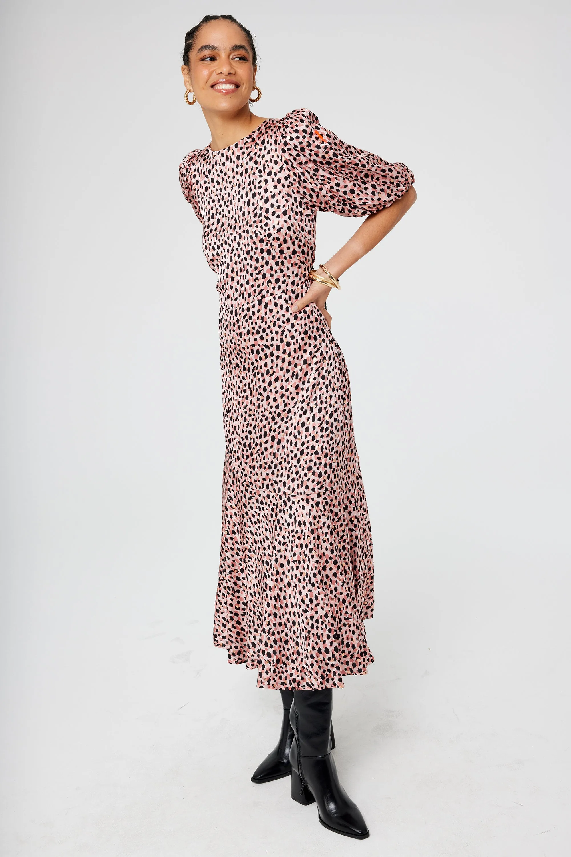 WideCollarDesign Light Attitude Pink and Gold Foil Spot Cheetah Puff Sleeve Midi Dress