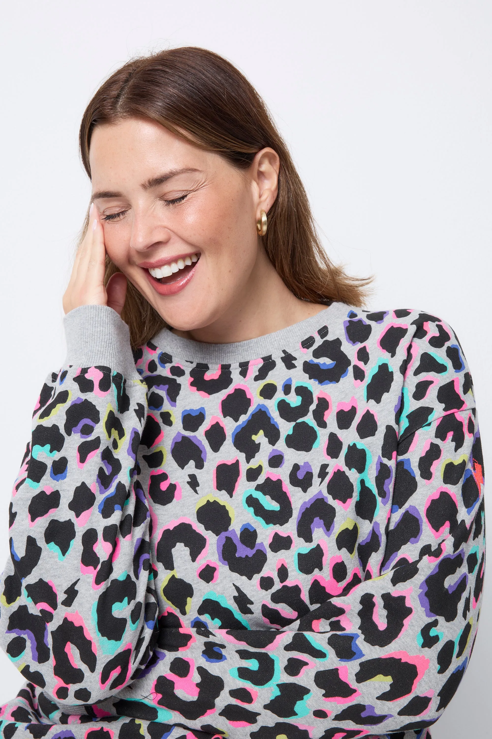 Essential Clothing Light Grey with Rainbow Shadow Leopard Oversized Sweatshirt