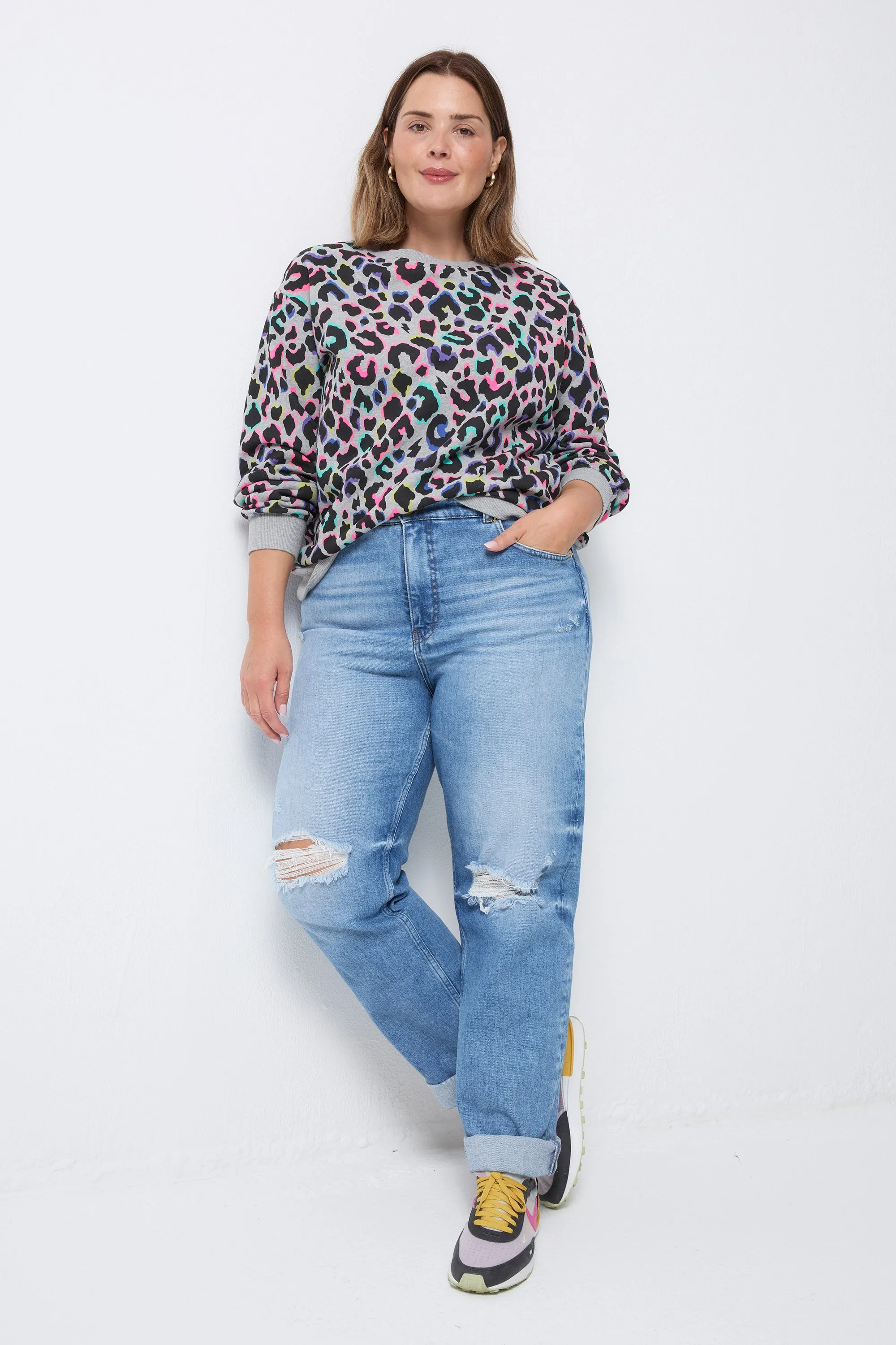 lace accents Light Grey with Rainbow Shadow Leopard Oversized Sweatshirt