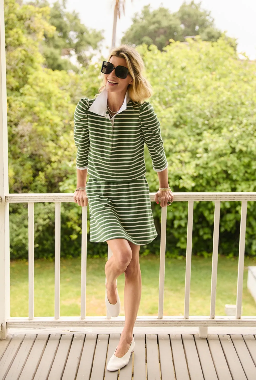 Everyday MINI Skirt - Green Stripe Knit Layered Look Easy Care Fabric