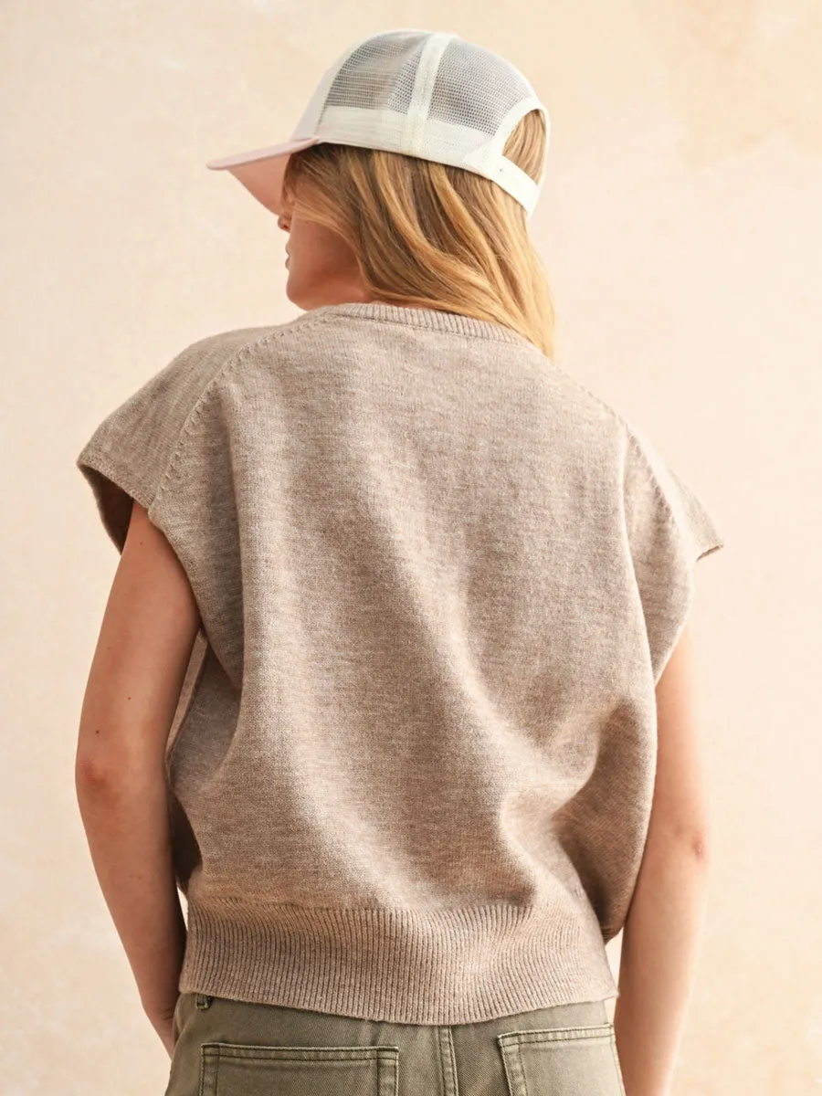 LOOSE FIT SHORT SLEEVE SWEATER - TAN Pocket Reinforcement