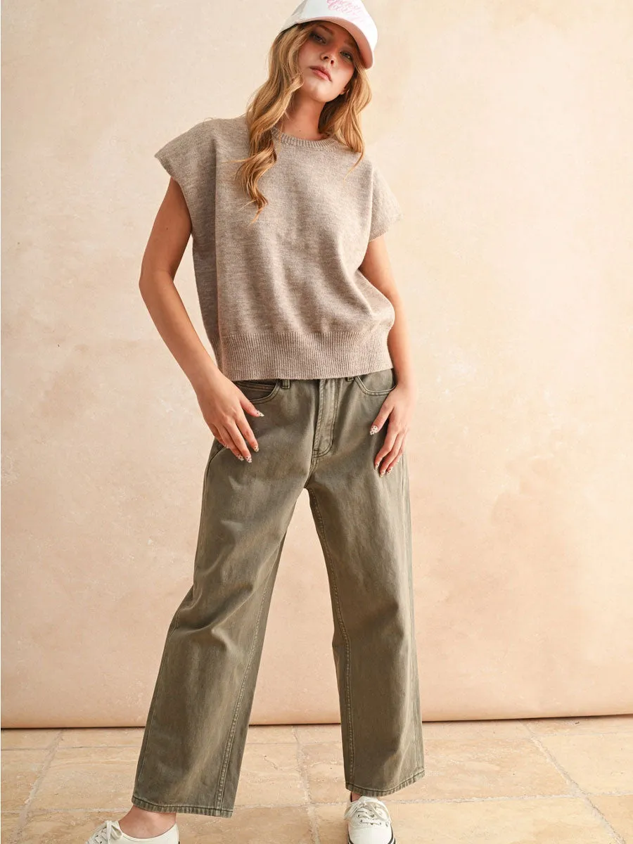 LOOSE FIT SHORT SLEEVE SWEATER - TAN Soft Blended Fabric NoSlipSurface