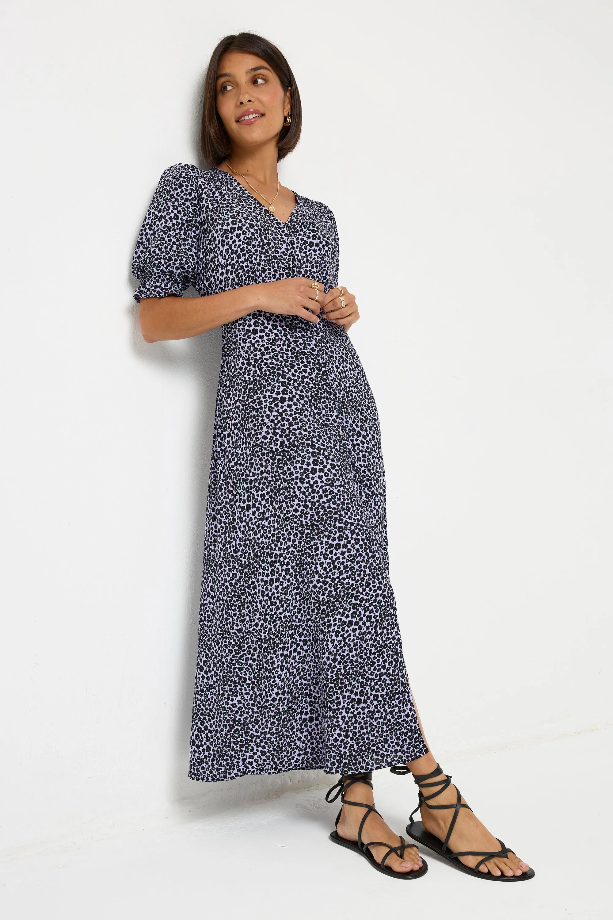 Lilac Mini Leopard Flute Sleeve Midi Tea Dress Dance-Party