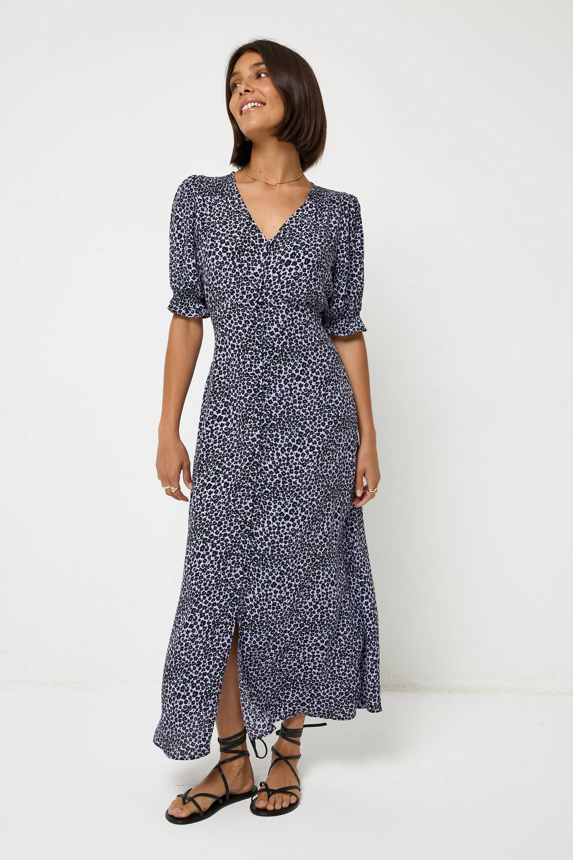 Lilac Mini Leopard Flute Sleeve Midi Tea Dress Bright Accent Sunset Hour