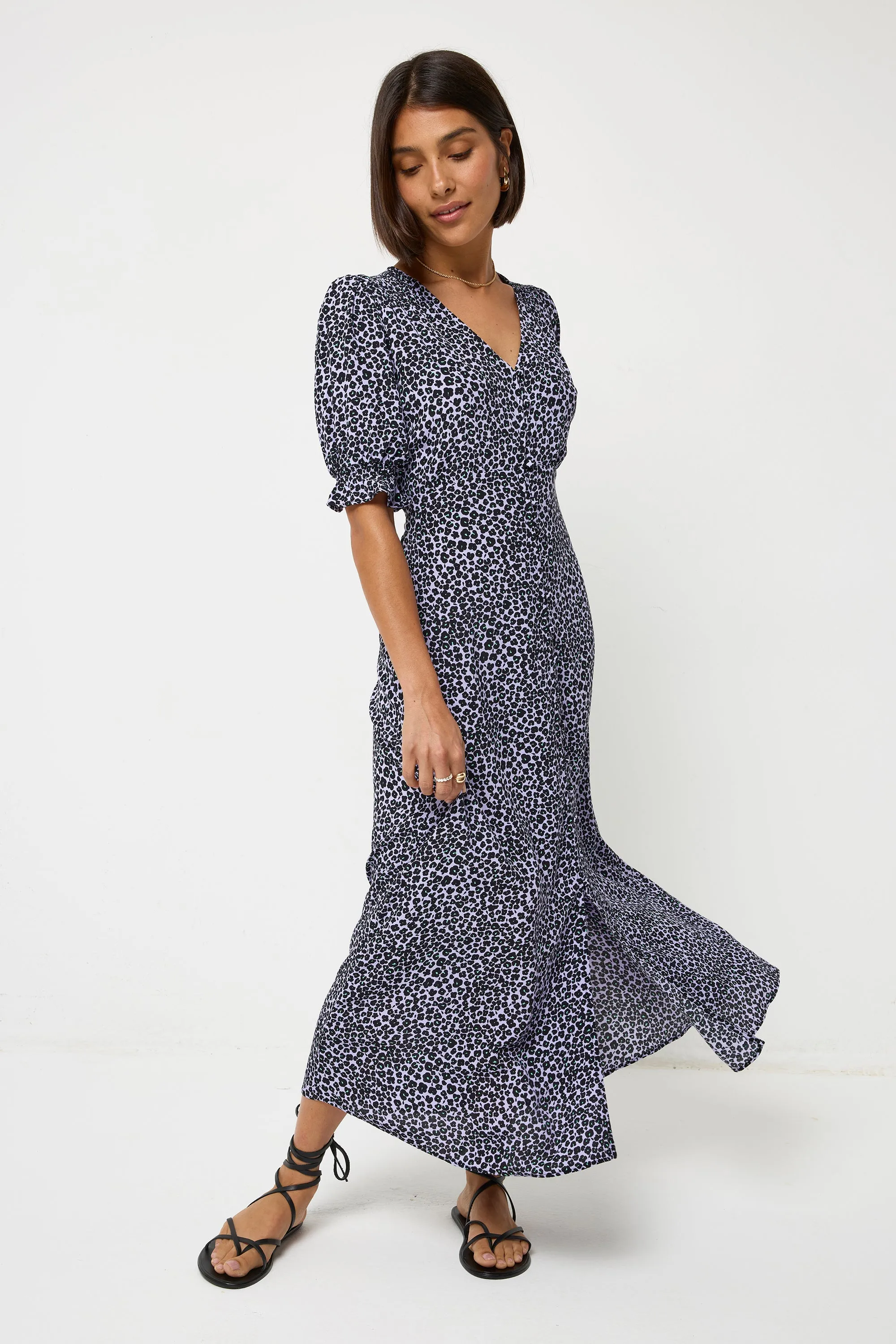 Lilac Mini Leopard Flute Sleeve Midi Tea Dress Semi Fit