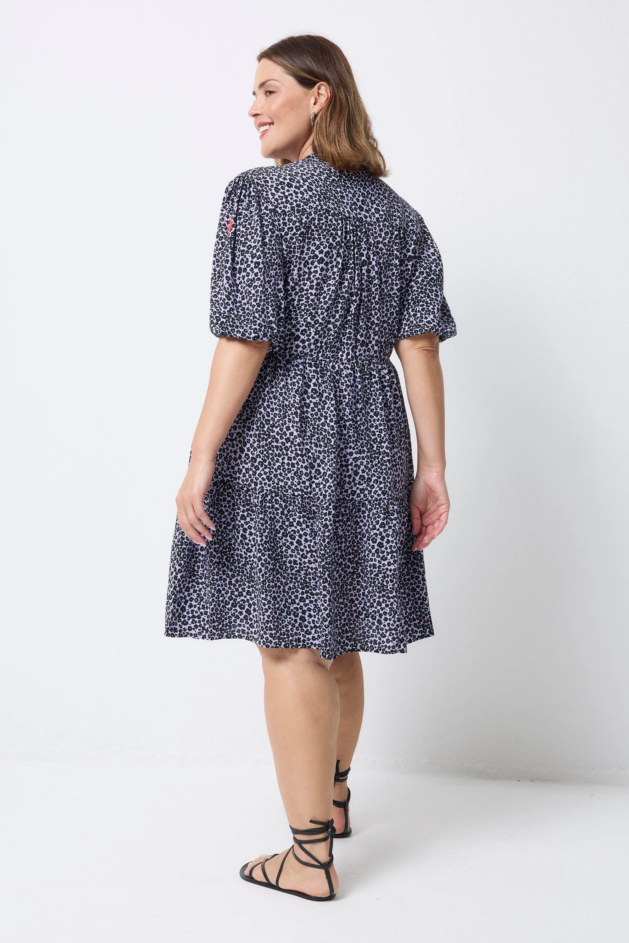 Lilac Mini Leopard Zip Detail Tiered Short Dress Layered-Sleeve Air Beauty