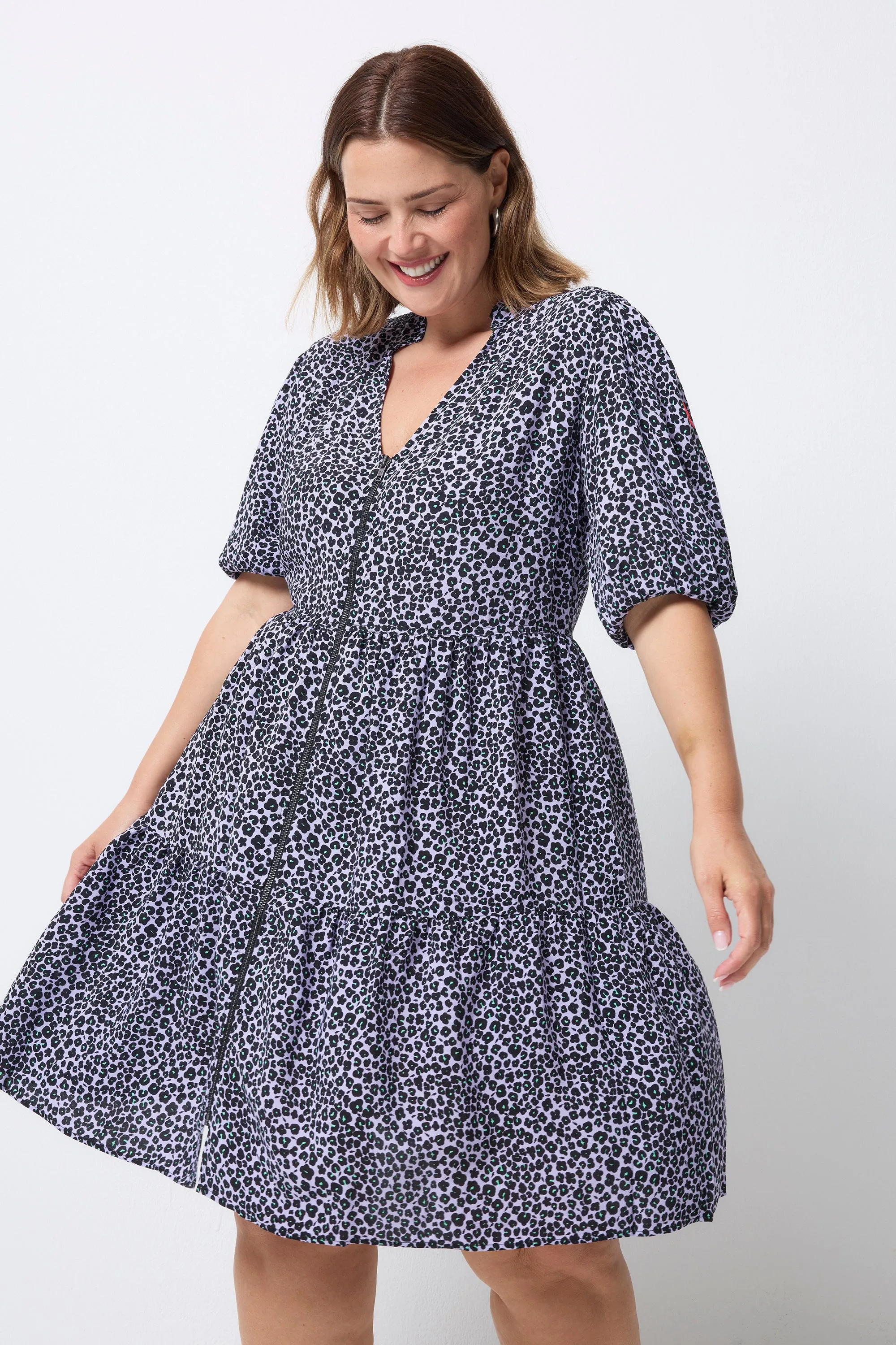 Lilac Mini Leopard Zip Detail Tiered Short Dress Modern Lines Light Sheen
