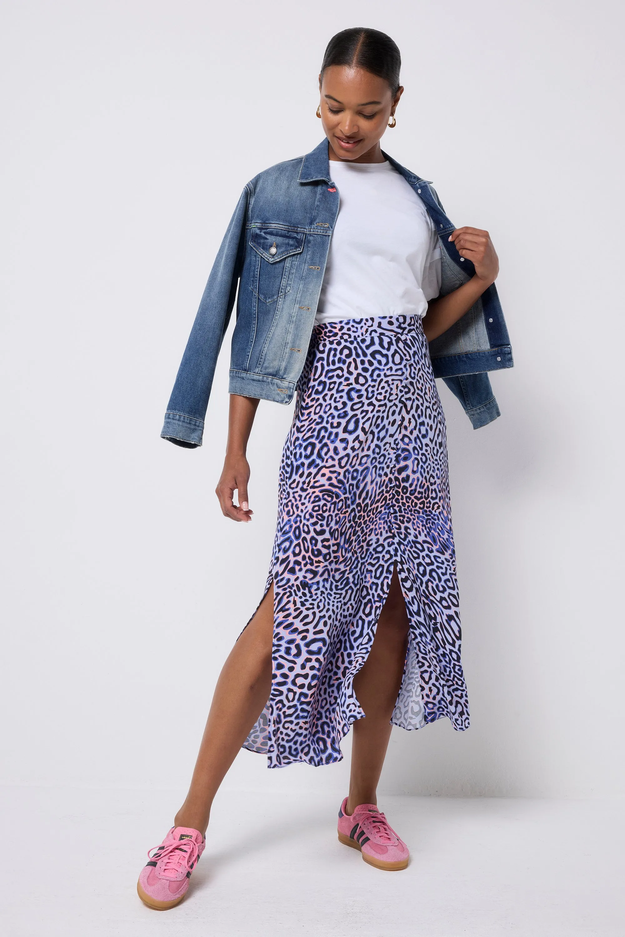Timeless Wear Custom made Lilac with Black and Pink Leopard Ray Button Through Skirt