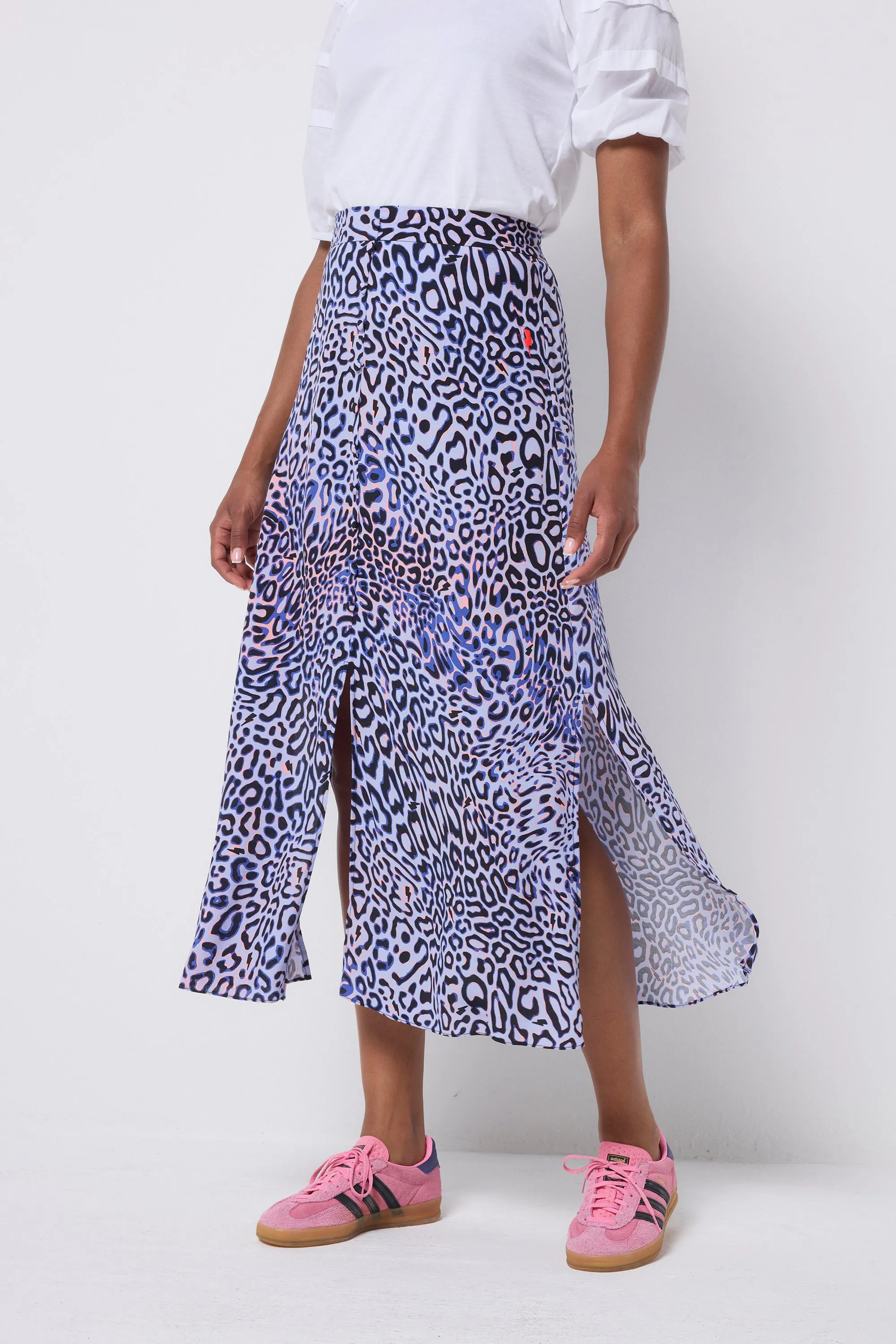 Abrasion resistant Lilac with Black and Pink Leopard Ray Button Through Skirt