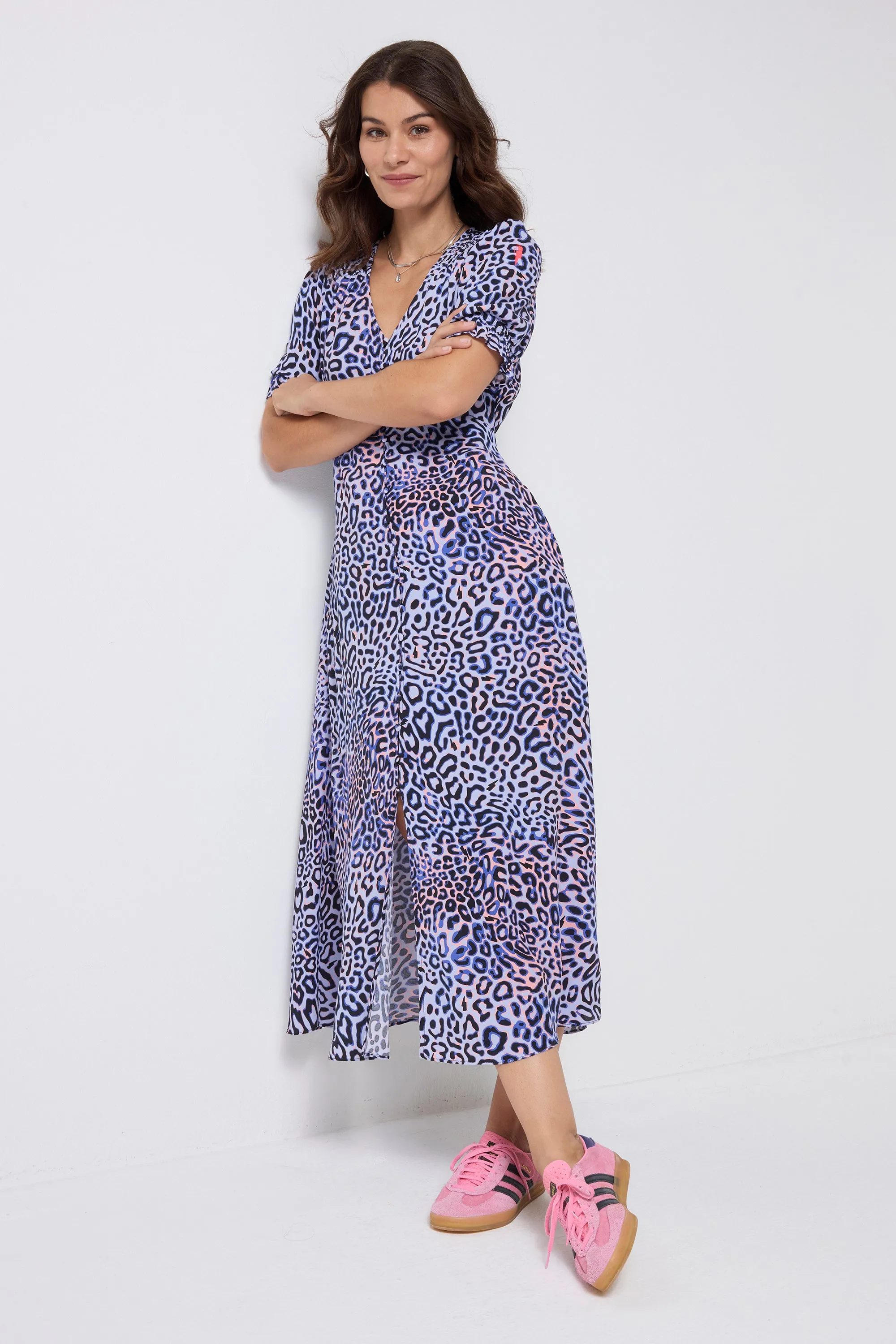 Lilac with Black and Pink Leopard Ray Flute Sleeve Midi Tea Dress Casual Days