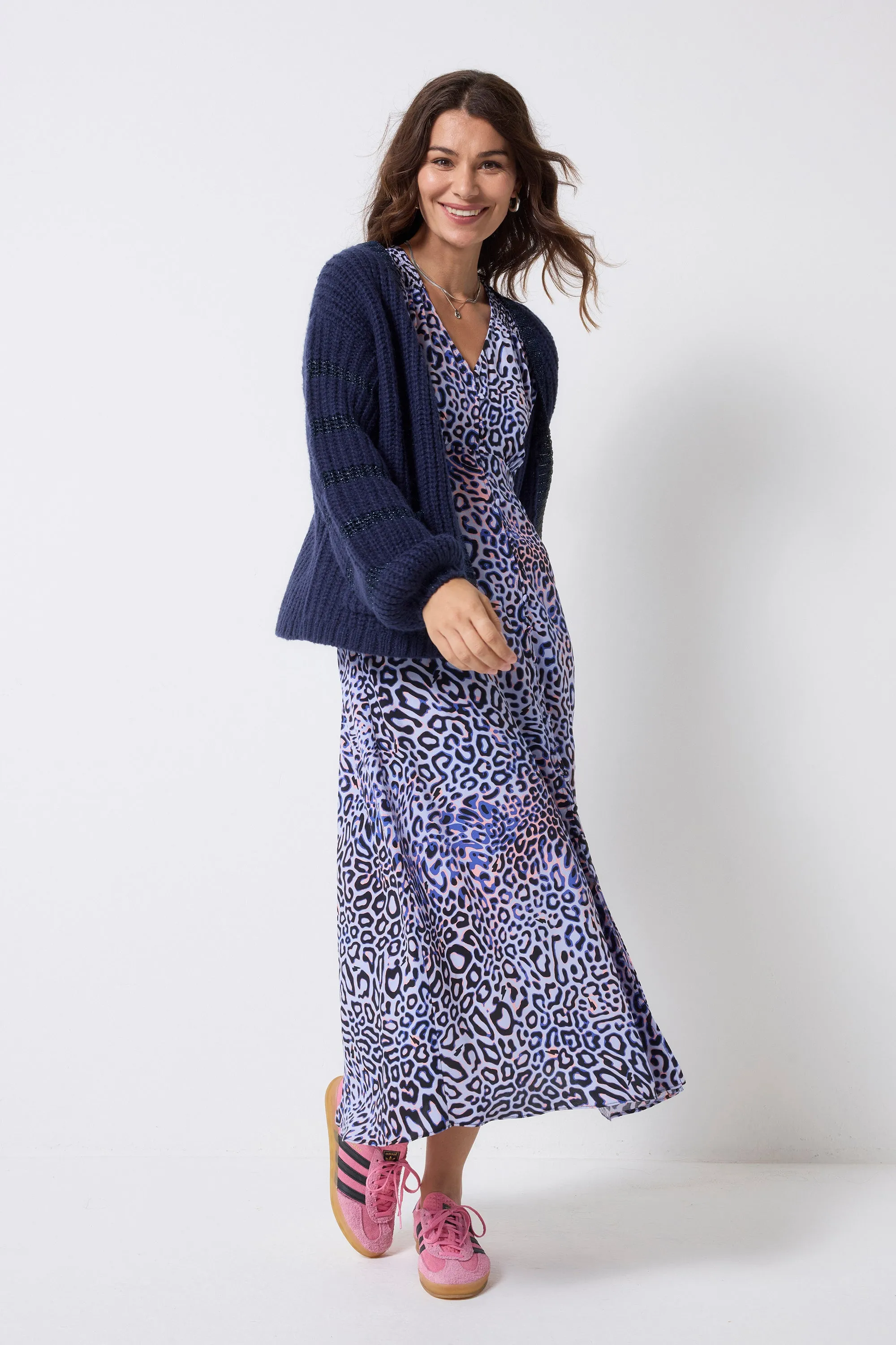 Daily Movement Gentle Flow Lilac with Black and Pink Leopard Ray Flute Sleeve Midi Tea Dress