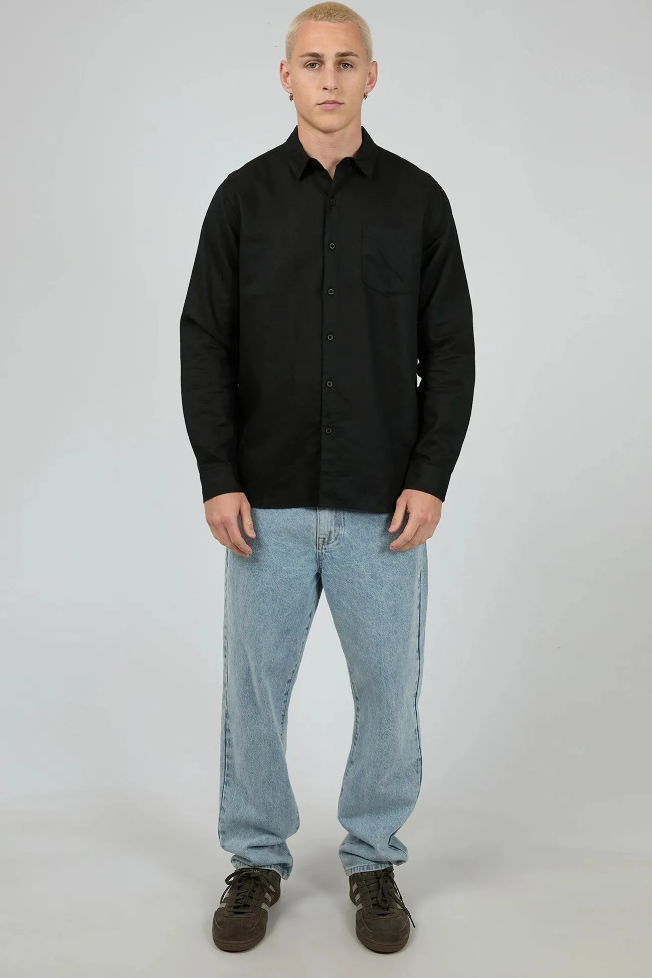 WrinkleResistantWeave Linen Long Sleeve Shirt II Black