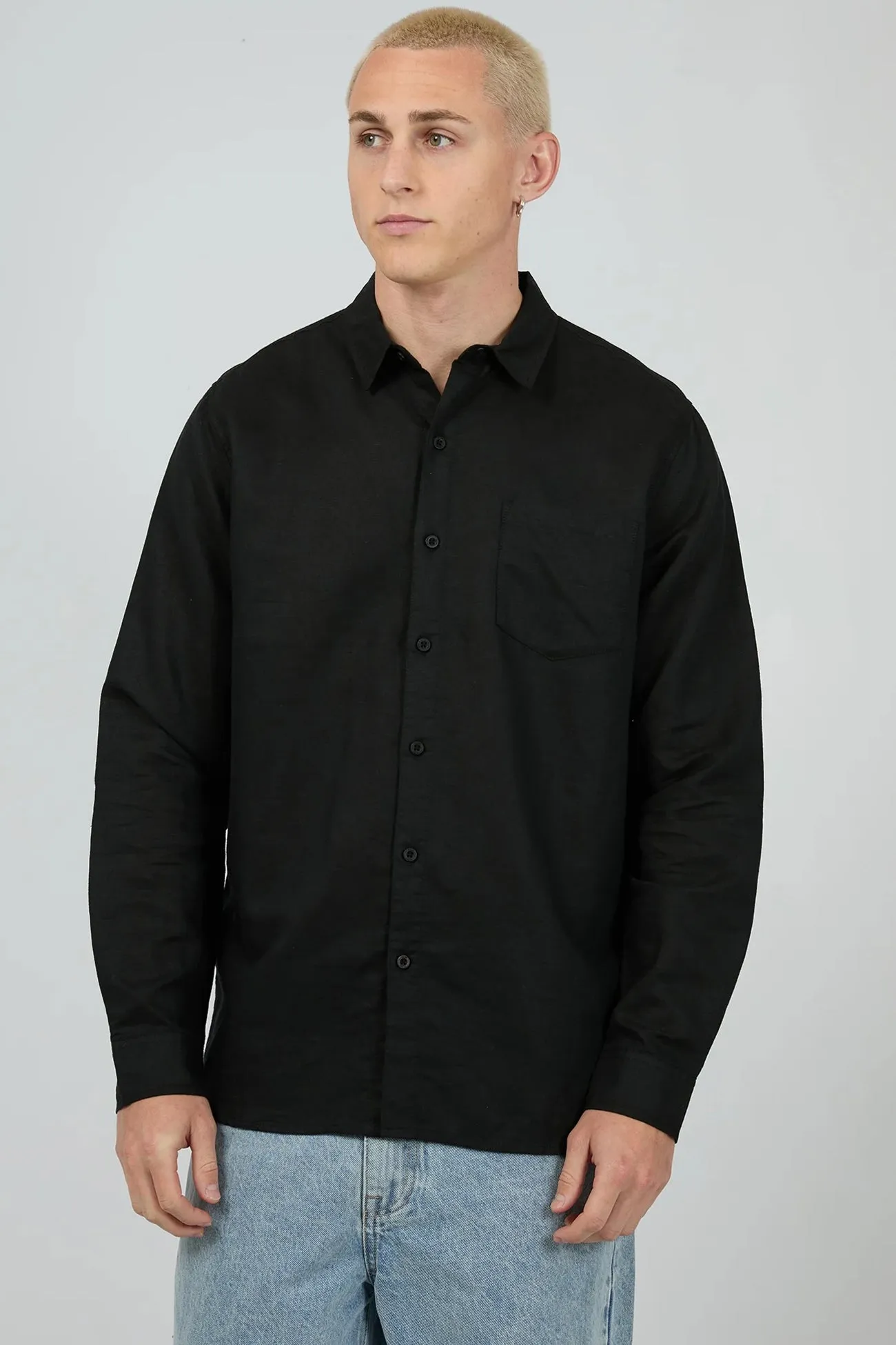 Stretchable Knit TonalStitching Linen Long Sleeve Shirt II Black
